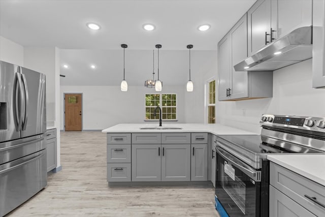 409 Van Buren Dr, Dalton, GA 30721 - kitchen with appliances with stainless steel finishes, gray cabinets, under cabinet range hood, a peninsula, and light countertops