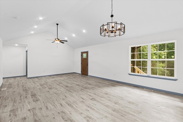 409 Van Buren Dr, Dalton, GA 30721 - unfurnished living room with wood finished floors, a chandelier, recessed lighting, ceiling fan, and high vaulted ceiling