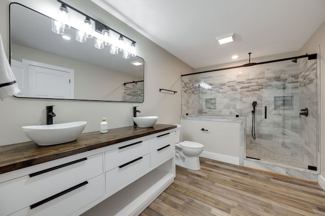 bathroom with wood finished floors, a sink, a shower stall, and double vanity