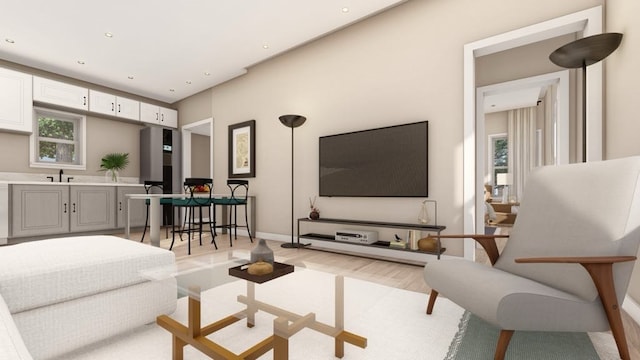 living room featuring sink and light hardwood / wood-style flooring