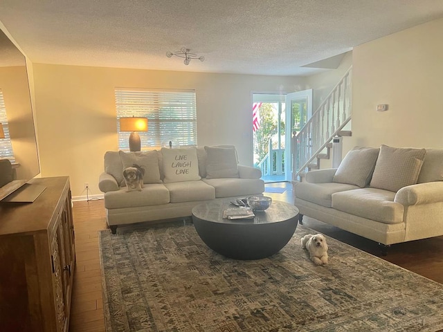 living room with dark hardwood / wood-style floors and a textured ceiling