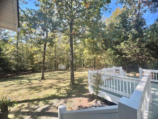 view of yard with a storage shed and a deck