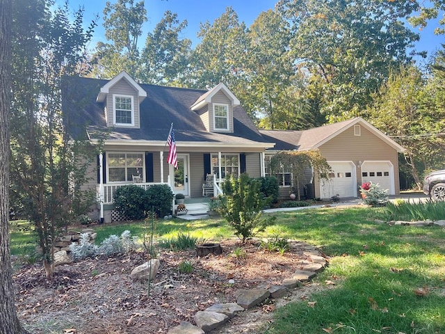 new england style home with a garage, a front lawn, and covered porch