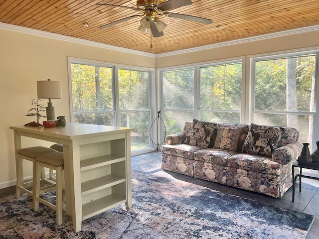 sunroom / solarium with wood ceiling and ceiling fan