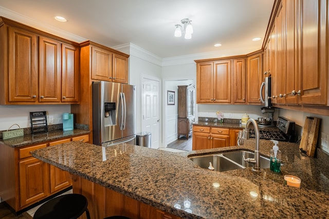 3034 Highland Cir, Rocky Face, GA 30740 - kitchen featuring ornamental molding, a sink, brown cabinetry, and appliances with stainless steel finishes