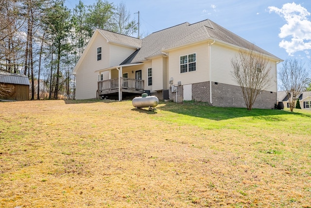 3034 Highland Cir, Rocky Face, GA 30740 - back of house with an outbuilding, roof with shingles, crawl space, a deck, and a yard