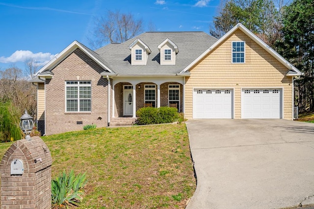 3034 Highland Cir, Rocky Face, GA 30740 - view of front of home featuring concrete driveway, brick siding, a front lawn, crawl space, and a garage