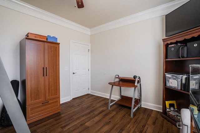 3034 Highland Cir, Rocky Face, GA 30740 - interior space featuring baseboards, crown molding, ceiling fan, and dark wood-style flooring