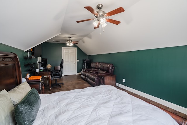 3034 Highland Cir, Rocky Face, GA 30740 - bedroom featuring vaulted ceiling, wood finished floors, baseboards, visible vents, and ceiling fan