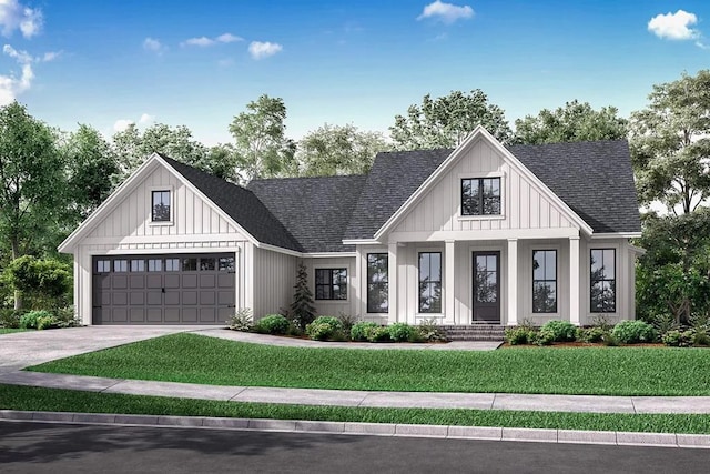 modern farmhouse with a garage and a front lawn