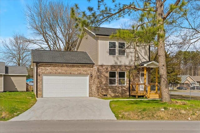 view of front of property with a front lawn, brick siding, an attached garage, and driveway