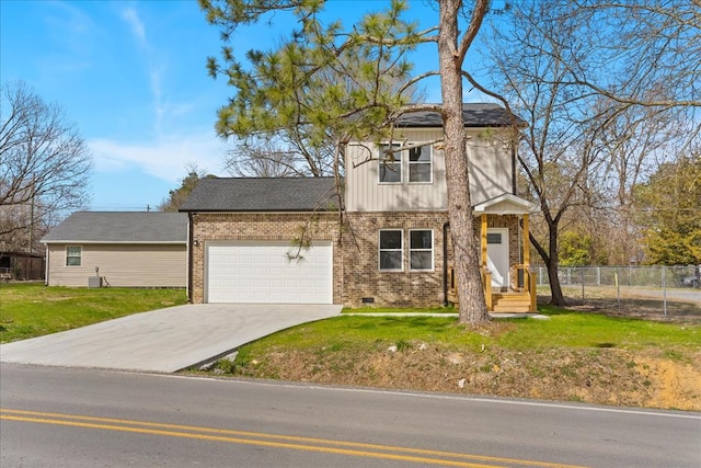 view of front facade featuring fence, driveway, a front lawn, a garage, and brick siding