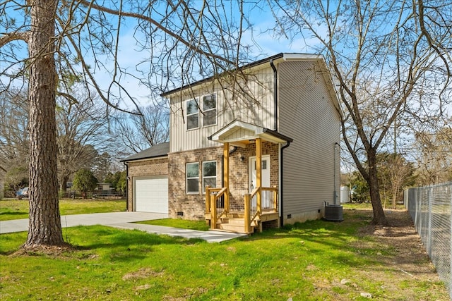 view of front of house featuring fence, concrete driveway, a garage, crawl space, and brick siding