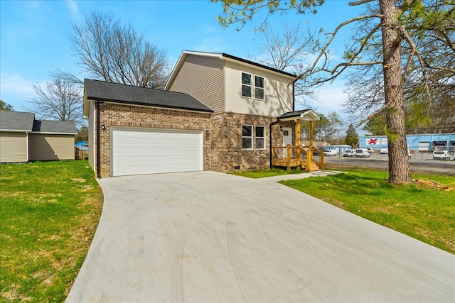 view of front of home featuring concrete driveway, an attached garage, brick siding, and a front yard