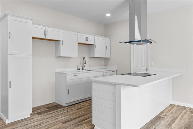 kitchen featuring wood finished floors, island exhaust hood, black electric cooktop, and a sink