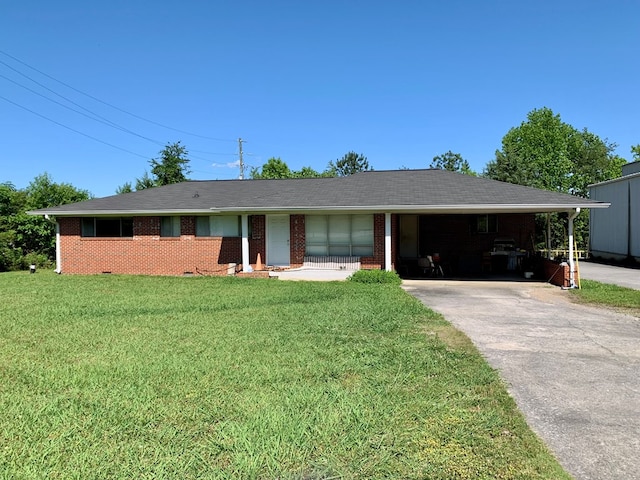 3281 Dug Gap Rd, Dalton, GA 30720 - ranch-style home with driveway, a front yard, brick siding, and an attached carport