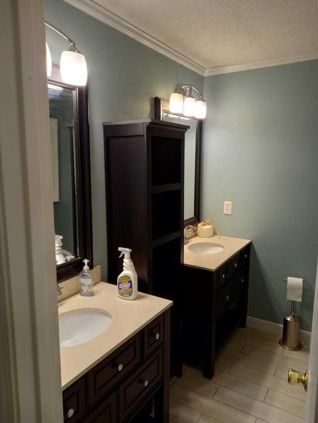 bathroom with vanity, ornamental molding, and a textured ceiling