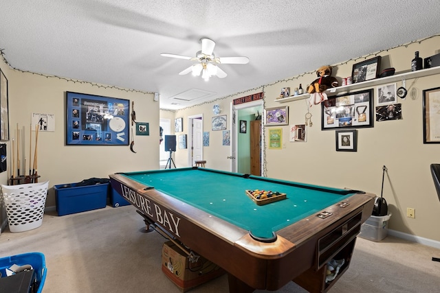 playroom featuring ceiling fan, carpet floors, billiards, and a textured ceiling