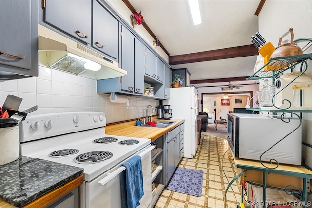 kitchen with white appliances, ceiling fan, and sink