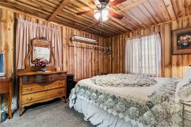 carpeted bedroom featuring wood walls, ceiling fan, and wood ceiling