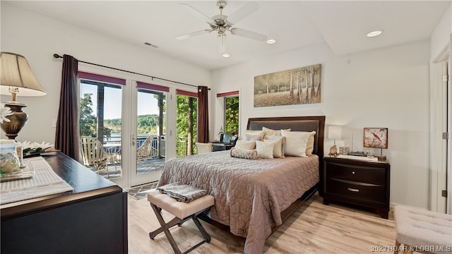 bedroom with light hardwood / wood-style flooring, ceiling fan, access to outside, and french doors