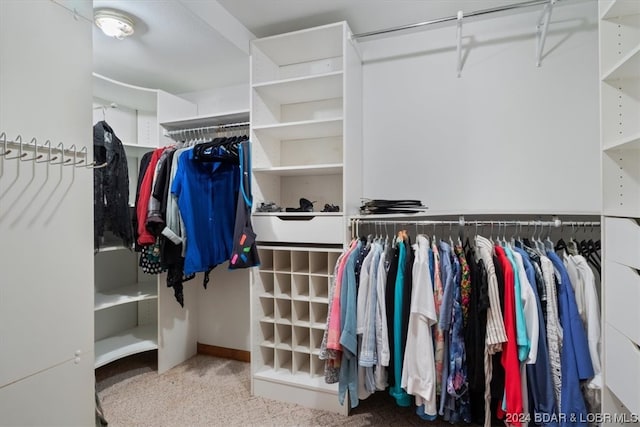 spacious closet featuring light colored carpet