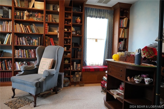 living area with light colored carpet