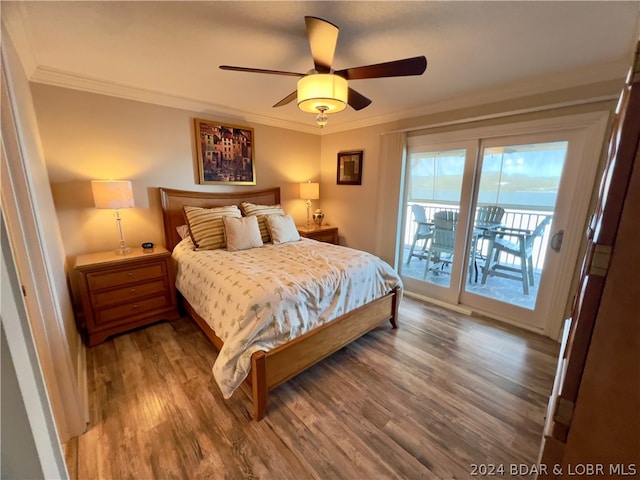 bedroom with ceiling fan, access to outside, crown molding, and dark hardwood / wood-style floors