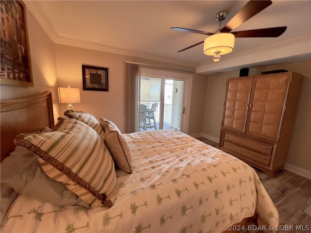 bedroom with access to outside, hardwood / wood-style flooring, ceiling fan, and ornamental molding