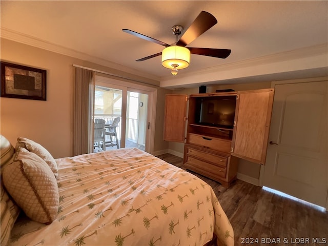 bedroom featuring ceiling fan, access to outside, crown molding, and dark hardwood / wood-style floors