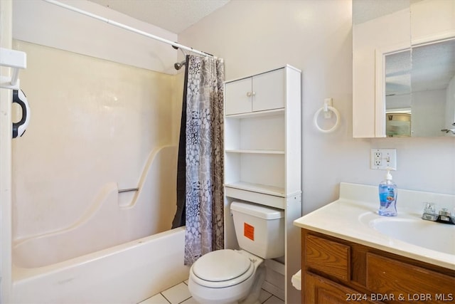 full bathroom with a textured ceiling, vanity, shower / bathtub combination with curtain, tile patterned flooring, and toilet