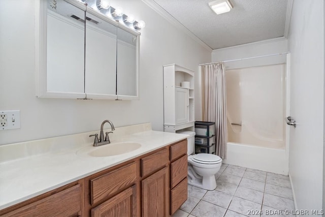 full bathroom with tile patterned flooring, toilet, shower / bathtub combination with curtain, a textured ceiling, and ornamental molding