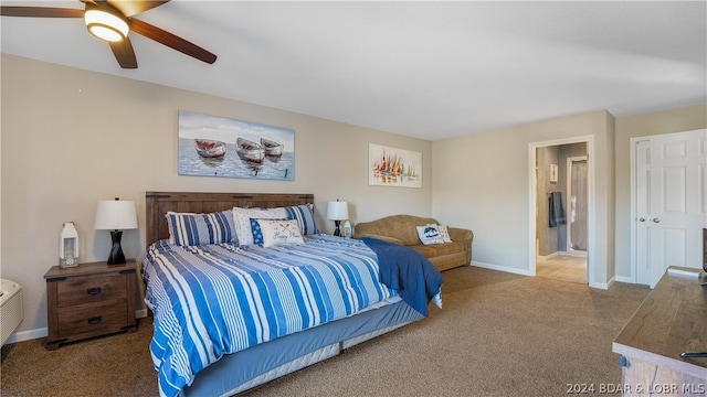 carpeted bedroom featuring connected bathroom and ceiling fan