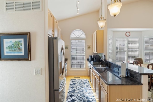 kitchen with pendant lighting, light hardwood / wood-style floors, stainless steel appliances, light brown cabinetry, and sink