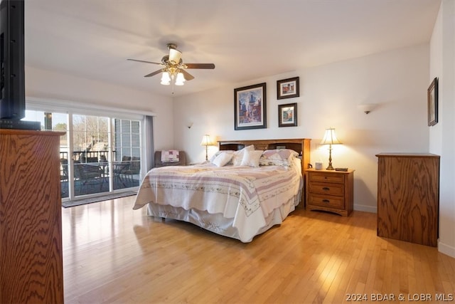 bedroom featuring ceiling fan, access to outside, and light hardwood / wood-style floors