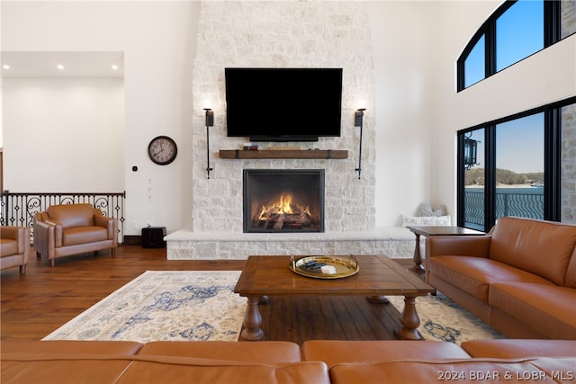 living room featuring a stone fireplace and dark hardwood / wood-style floors