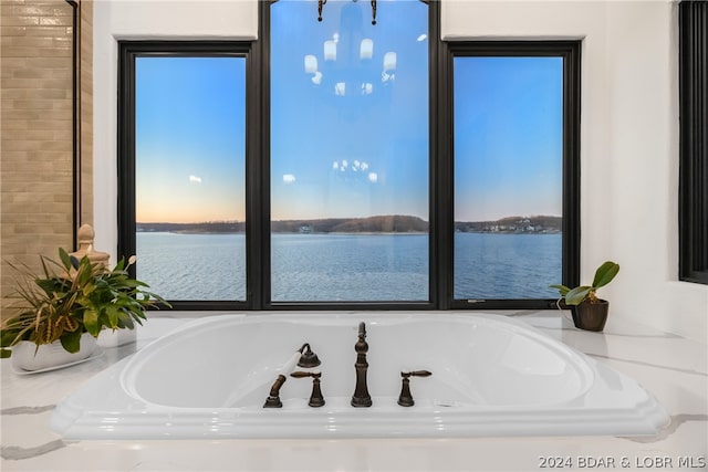 bathroom featuring a washtub and a water view