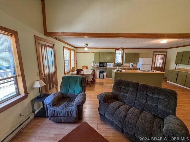 living room with light wood-type flooring, beam ceiling, and a baseboard radiator