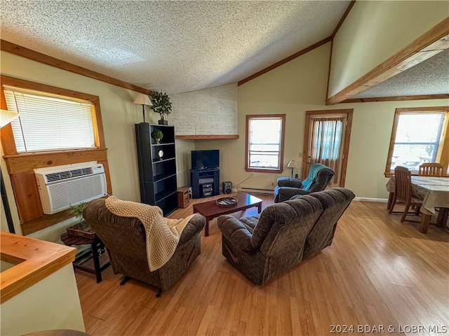 living room with light wood-type flooring, vaulted ceiling, a wealth of natural light, and a textured ceiling