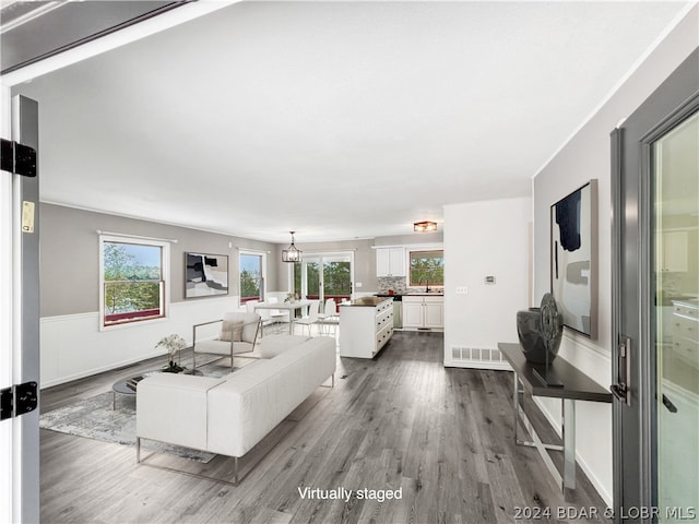 living room with hardwood / wood-style floors and sink