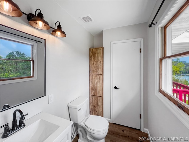 bathroom with a healthy amount of sunlight, hardwood / wood-style floors, vanity, and toilet