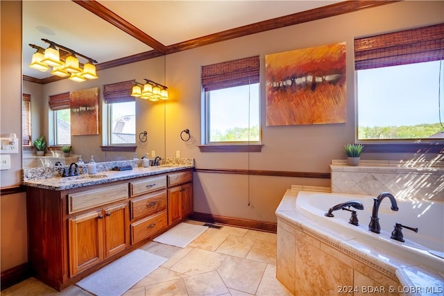 bathroom featuring crown molding, a healthy amount of sunlight, and vanity