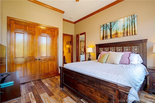 bedroom featuring dark wood-type flooring and ornamental molding