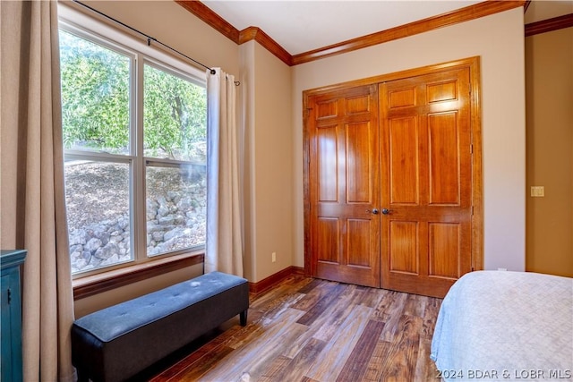 bedroom with a closet, ornamental molding, and wood-type flooring