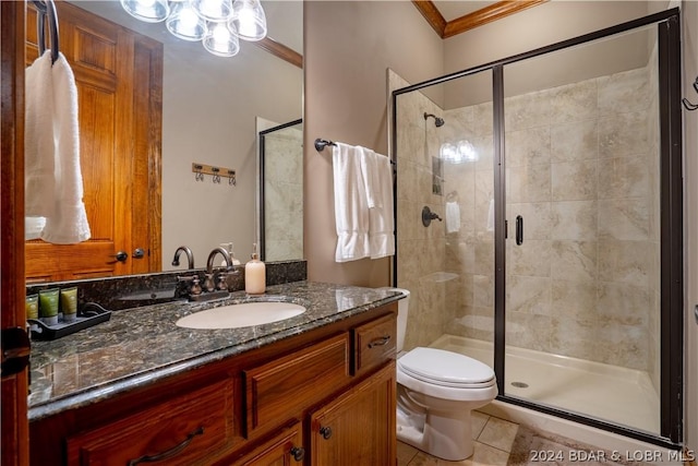 bathroom with a shower with door, ornamental molding, tile patterned flooring, and toilet