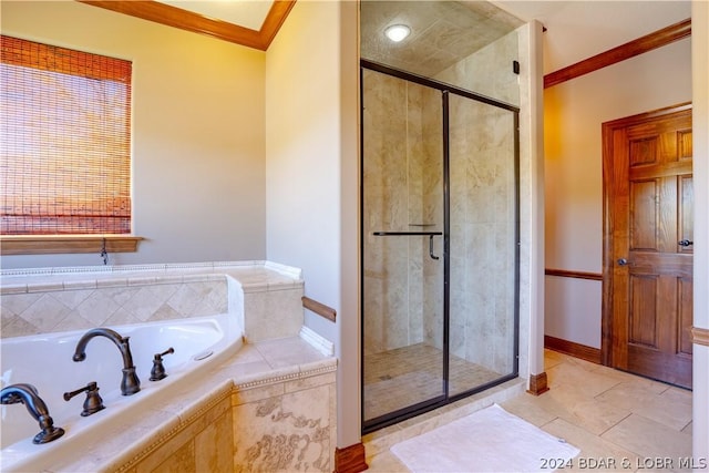 bathroom with crown molding, tile patterned floors, and plus walk in shower