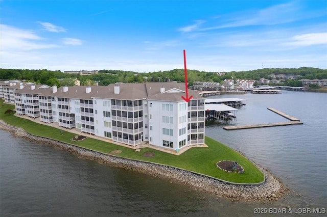 aerial view featuring a water view