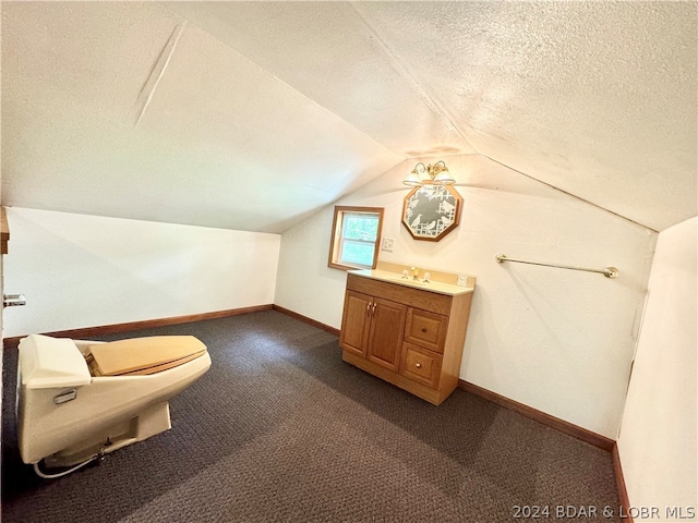 bathroom featuring vanity, a textured ceiling, vaulted ceiling, and toilet