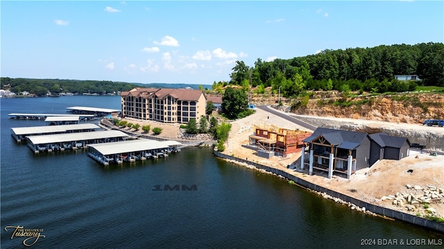 drone / aerial view with a water view