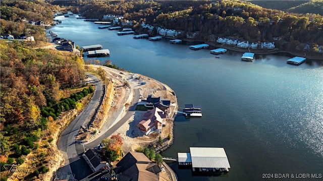 birds eye view of property featuring a water view